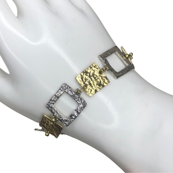 HAMMERED Two Tone Square Earrings and Bracelet Set - Picture 10 of 14